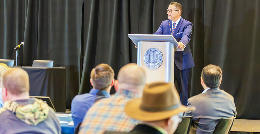 Chancellor Juan Sánchez Muñoz addresses the Almond Board of California's Nutrient Summit.