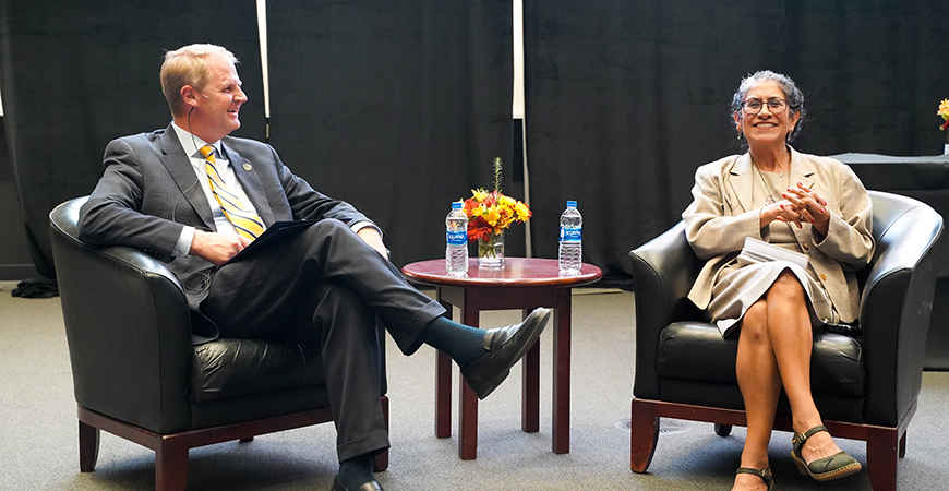 Interim Chancellor Nathan Brostom welcomes Maria Echaveste to UC Merced for a conversation on 