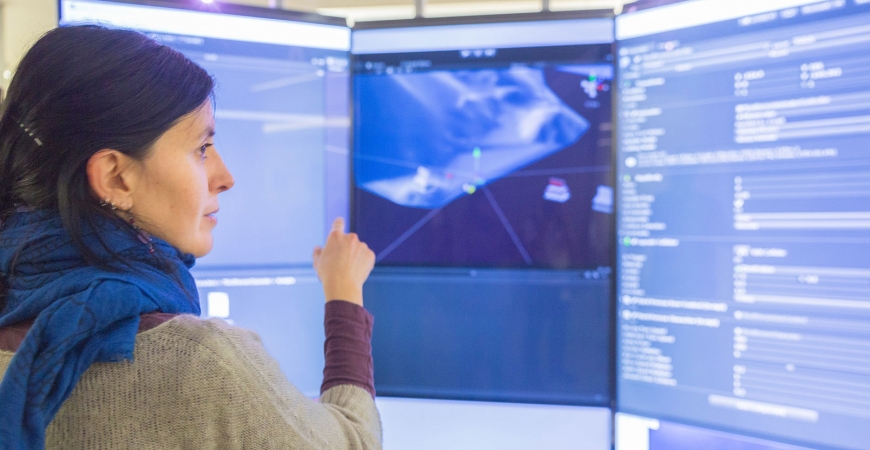 Woman pointing to a high-resolution LED screen