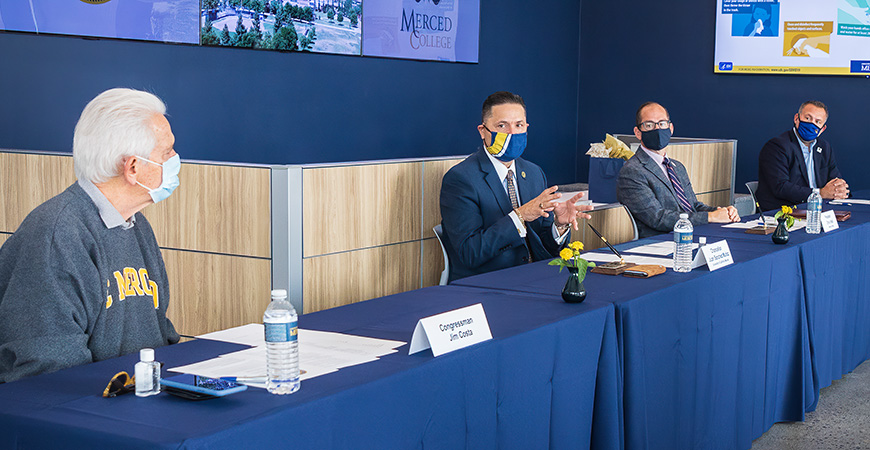 Congressman Dan Costa (far left) and Assembly Member Adam Gray (far right) joined Chancellor Muñoz and President Vitelli at Friday's signing ceremony.