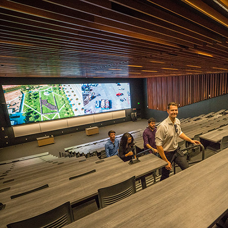 The cinema-quality auditorium was among the features attendees got to explore in the new Arts and Computational Sciences Building.