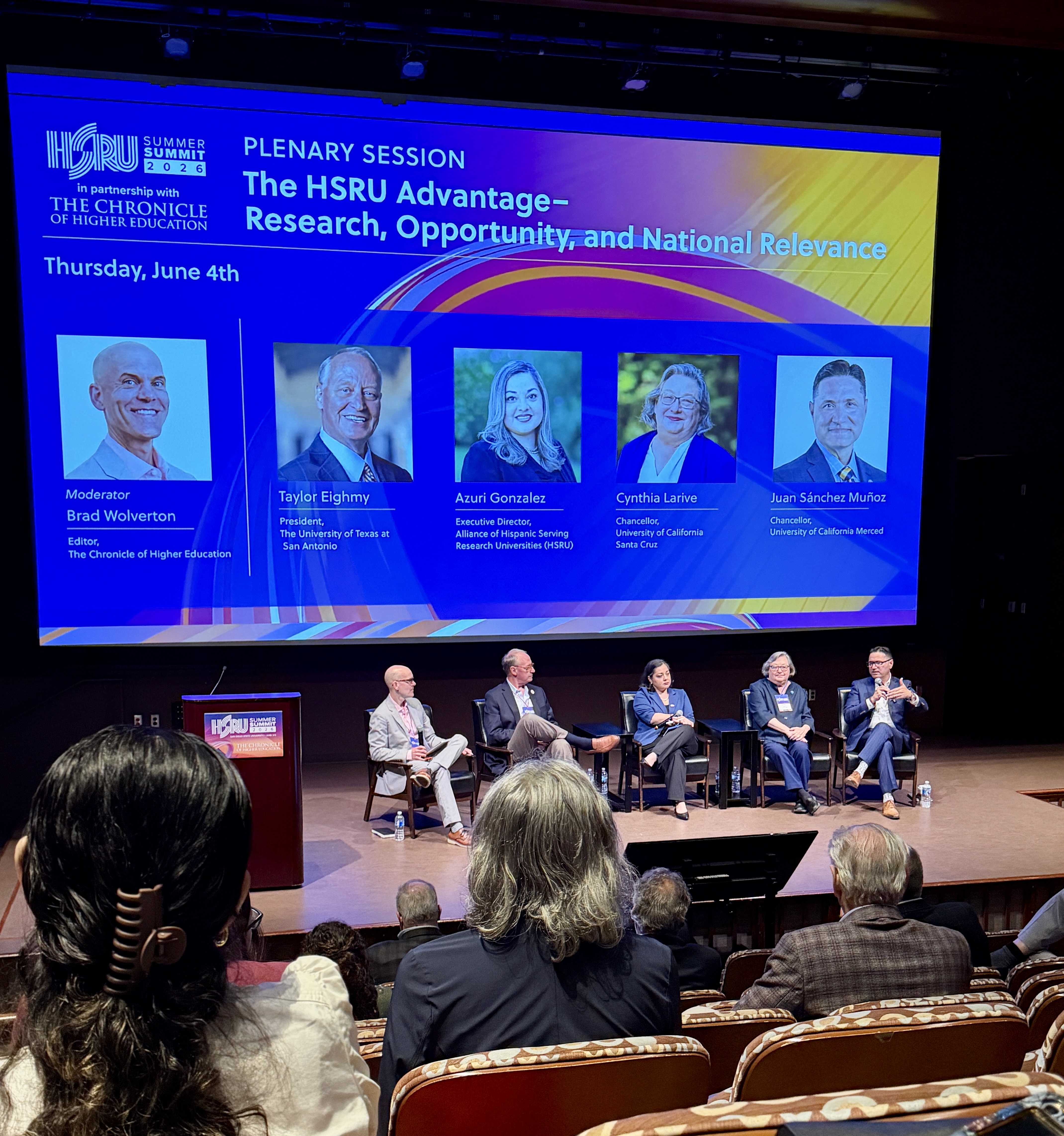 Chancellor Muñoz speaking on a panel at the HSRU Summit alongside University of Texas at El Paso President Taylor Eighmy and UC Santa Cruz Chancellor Cindy Larive about the unique strengths of HSI-designated R1 research institutions