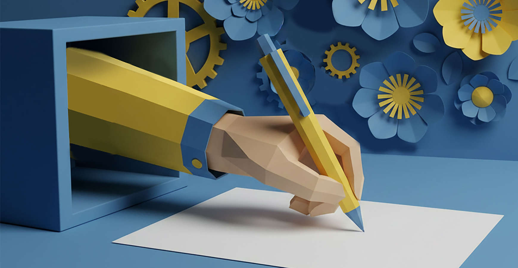 AI-rendered of hand emerging from a box, holding a pen pressed against paper